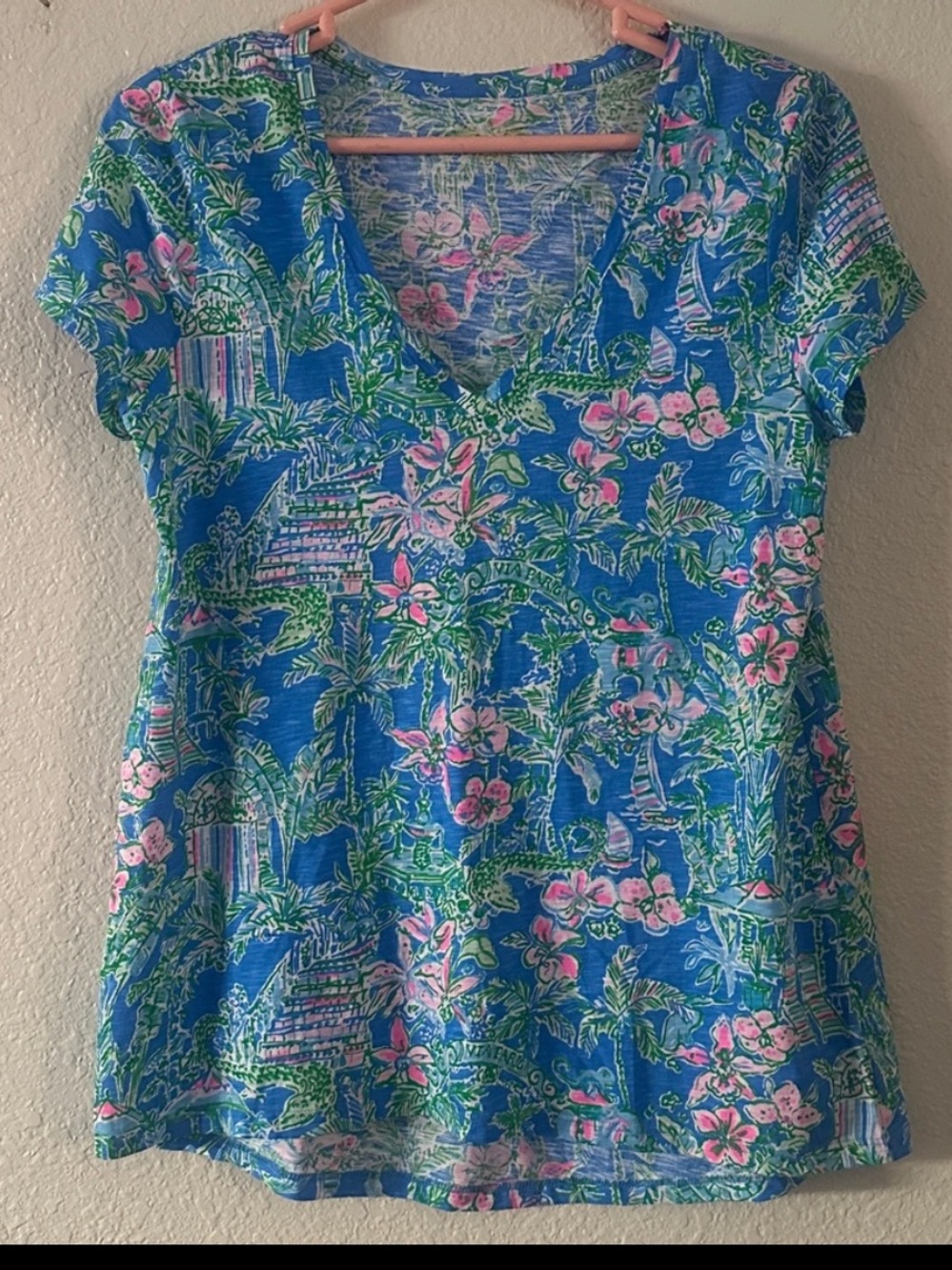 Lilly Pulitzer Blue Tee with Pink and Green Tropical Print